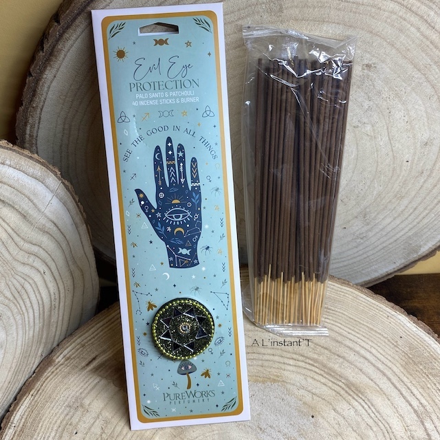 Bâtons d'encens avec porte-encens - Evil Eye Protection - Palo Santo & Patchouli - PureWorks