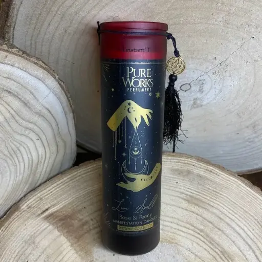 [75786] Bougie d'intention Love Spell en verre avec pompon 300g